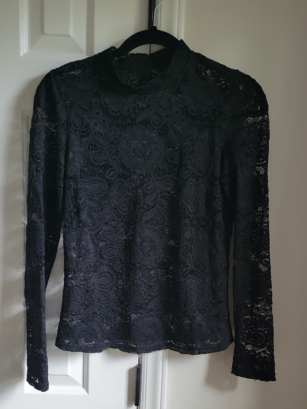 Elegant Black Lace Long-Sleeve Mock Neck Top